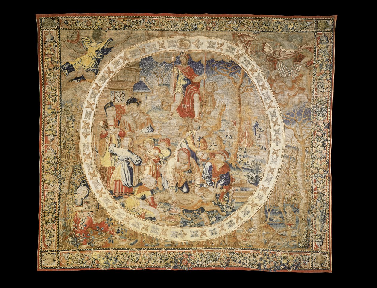 Brussels allegorical tapestry depicting the month of December from "The Medallion Months", c.1525dani af Bernaert van Orley