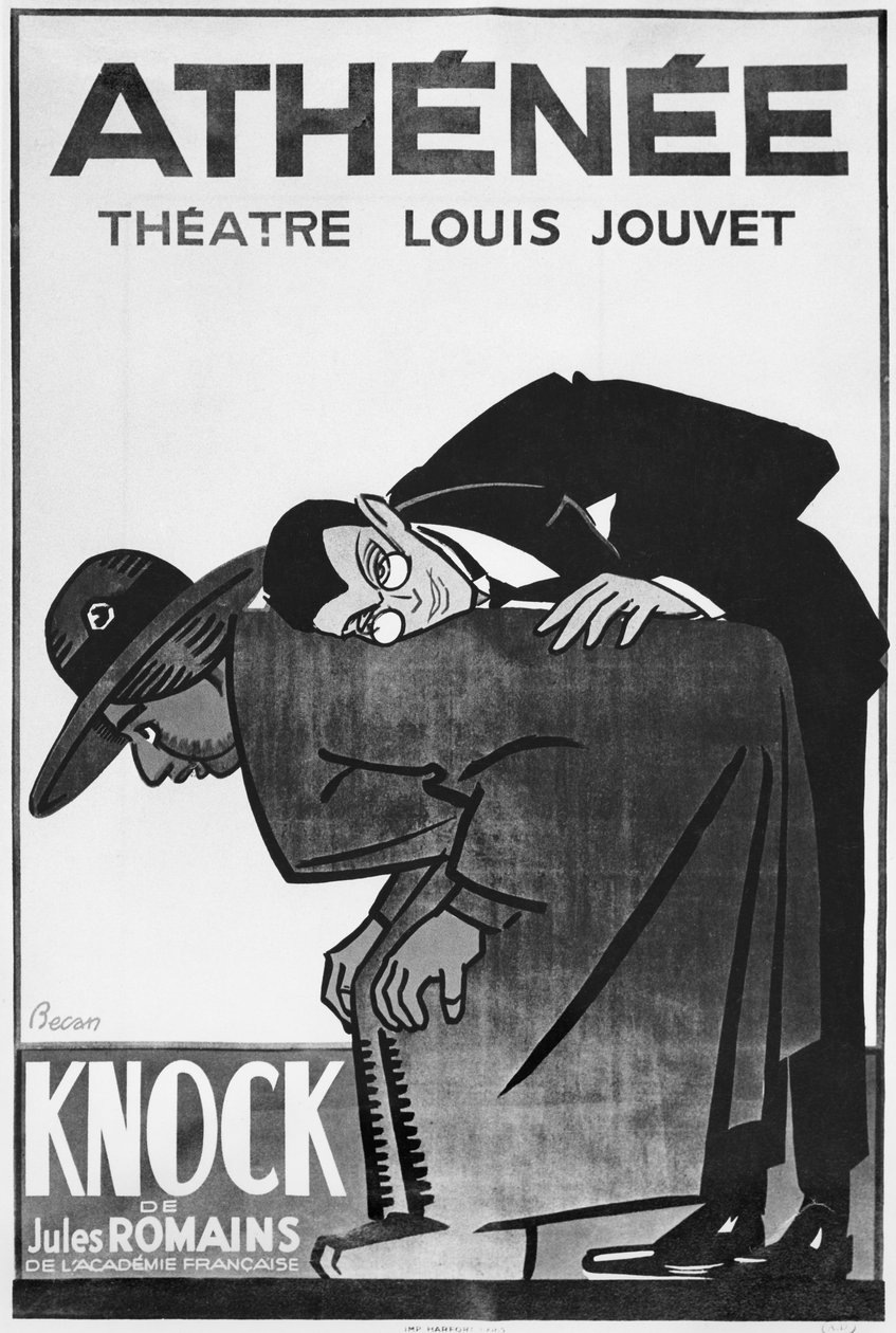 Plakat, der reklamerer for en forestilling af Knock or the Triumph of medicine af Jules Romains (1885-1972) på Theatre Athenee (sort foto) af Bernard Becan