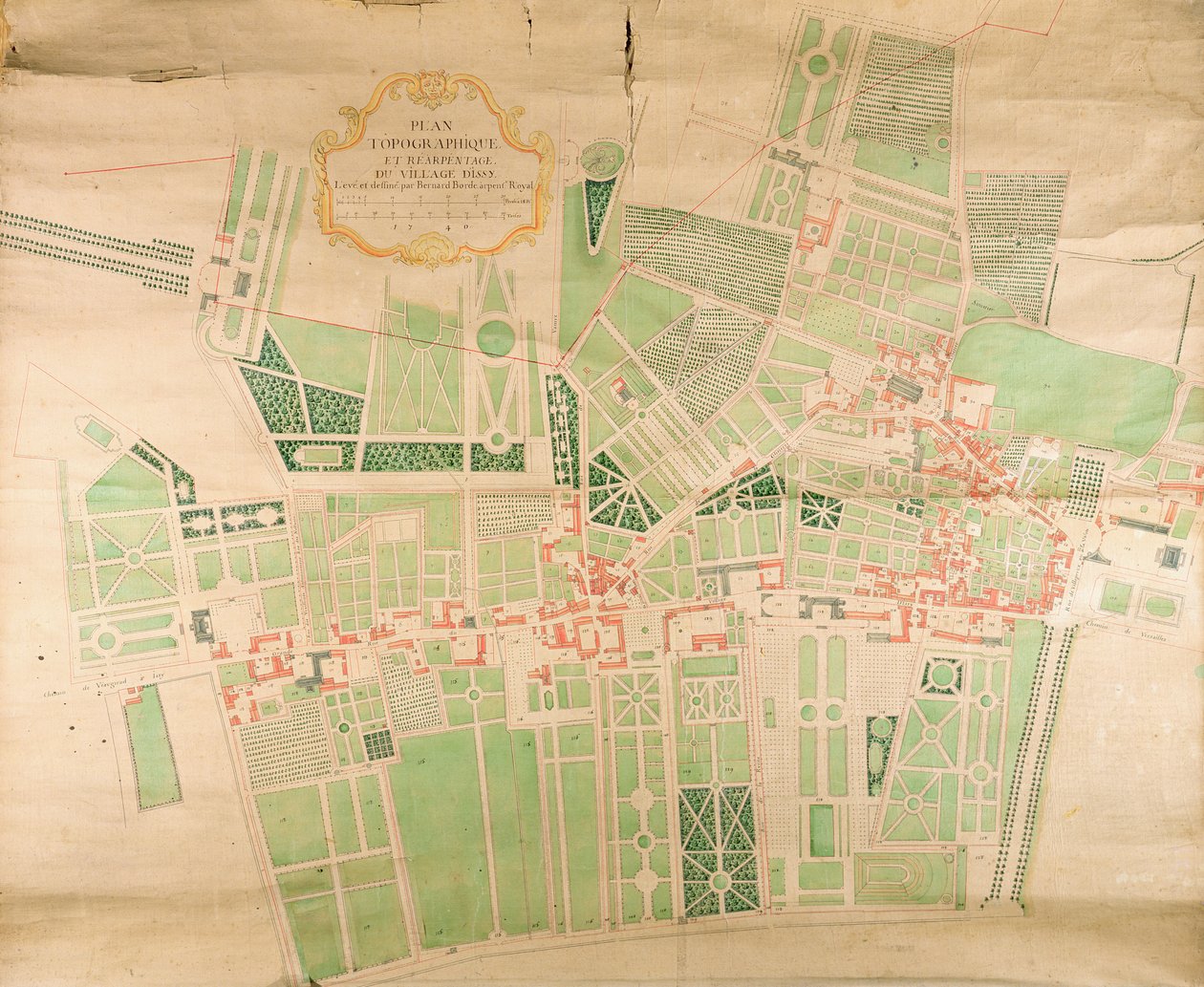 N11Seine87 Topografisk kort og opmåling af landsbyen Issy, 1740 (pen, blæk og wc på papir) af Bernard Borde