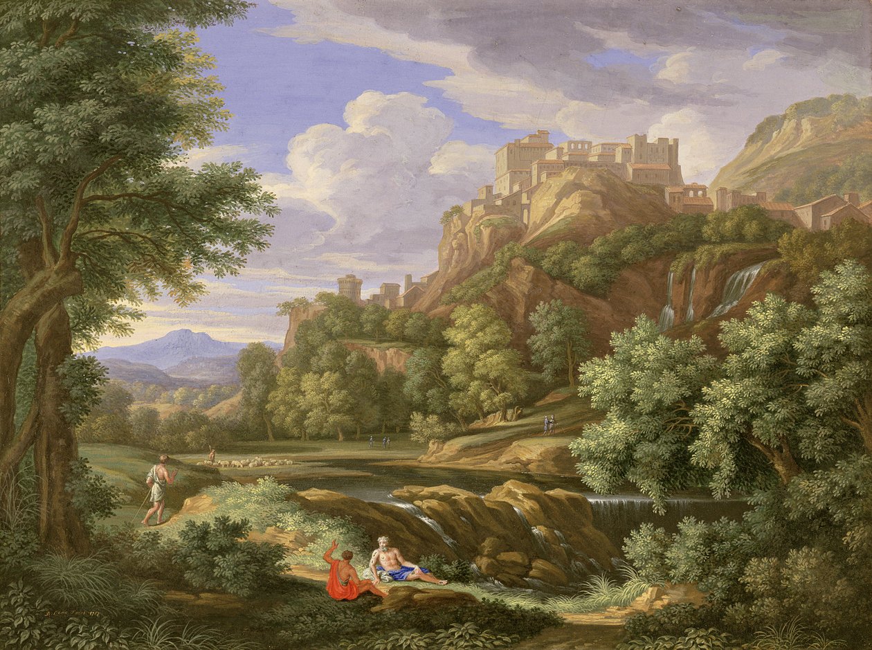Klassisk landskab, 1717 (kropsfarve og tyggegummi med hvid over grafit på vellum) af Bernard Lens