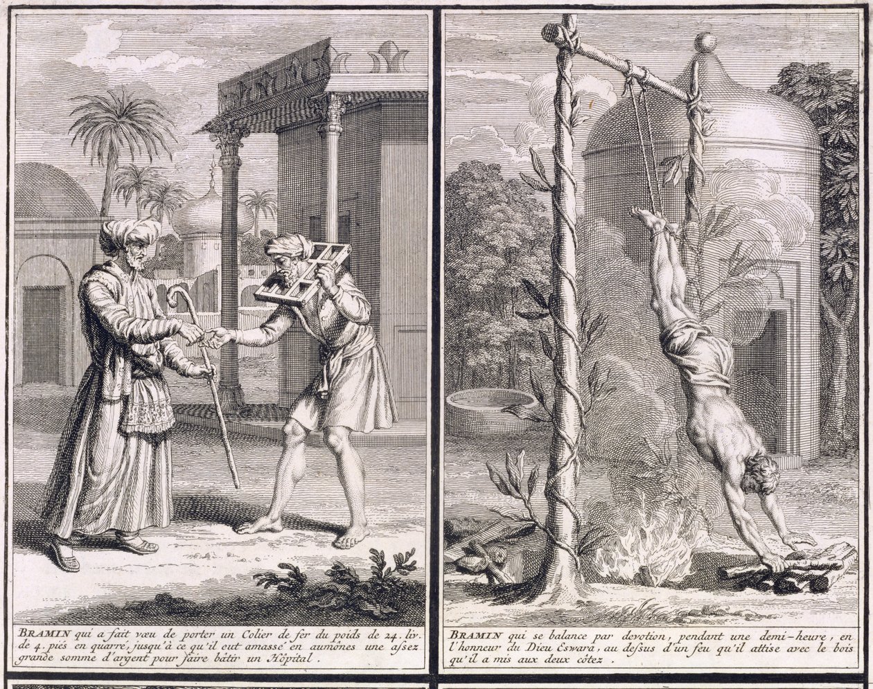 En brahmin, der bærer en jernkrave for at skaffe penge til et hospital, og en brahmin, der er suspenderet over en brand i hengivenhed, illustrationer fra 