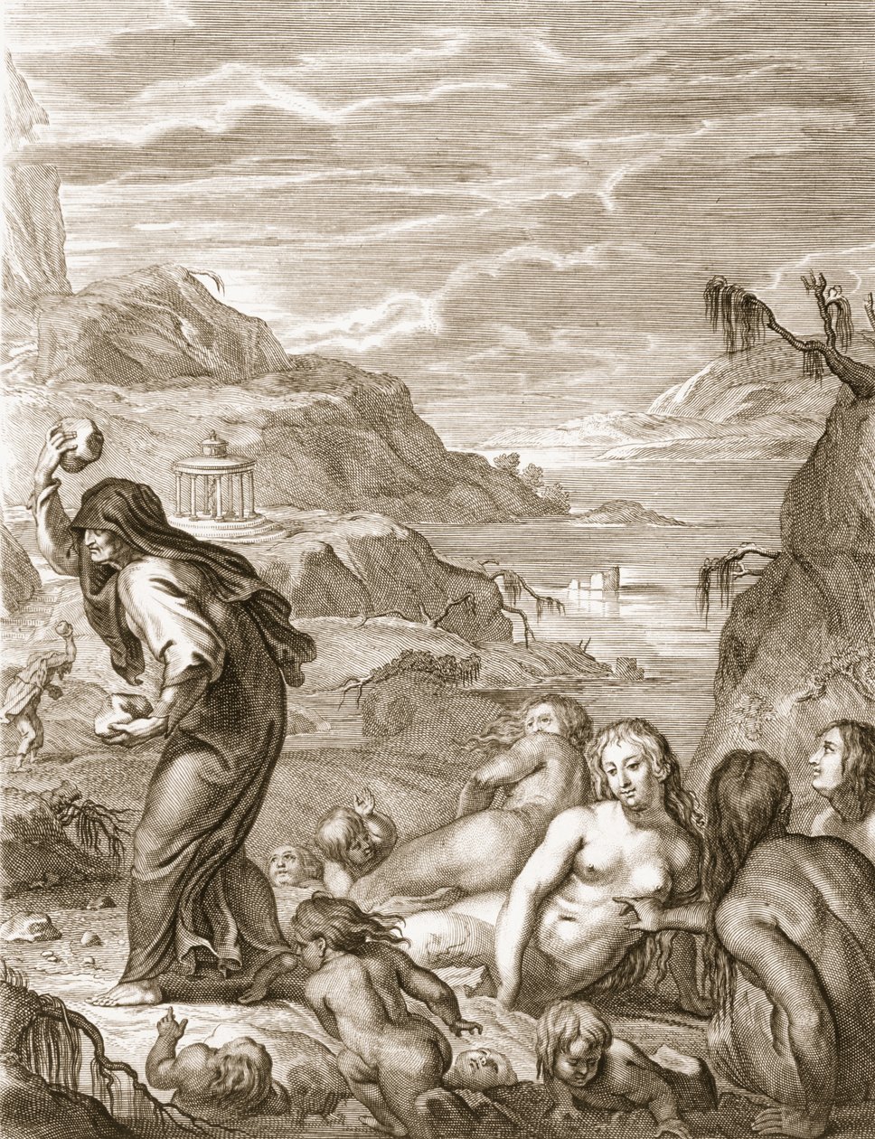 Deucalion og Pyrrha gentager verden ved at kaste sten bag dem, 1731 af Bernard Picart