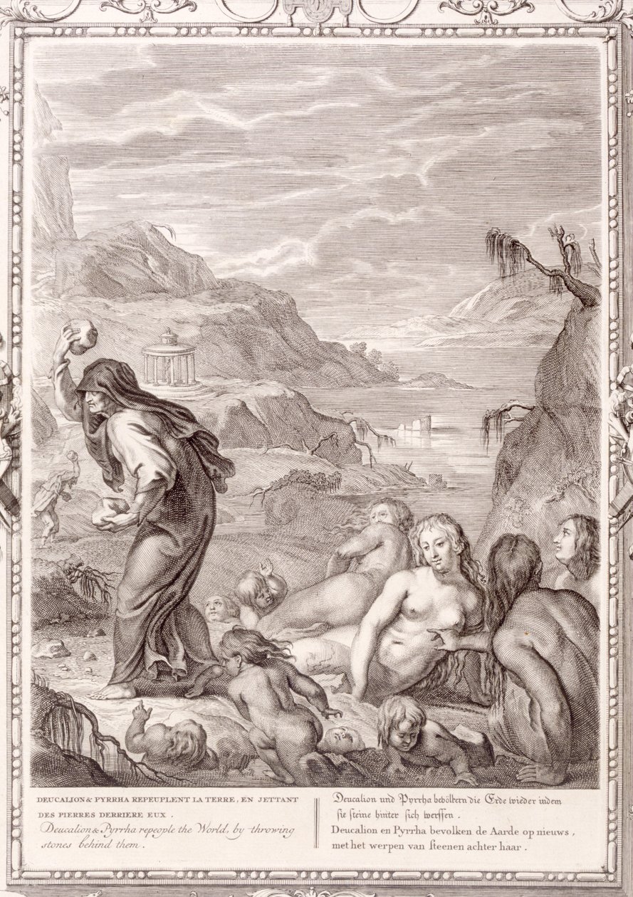 Deucalion og Pyrrha gentager verden ved at kaste sten bag dem, 1731 af Bernard Picart