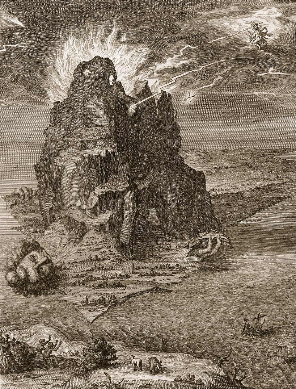 Enceladus begravet under Etna-bjerget, 1731 af Bernard Picart