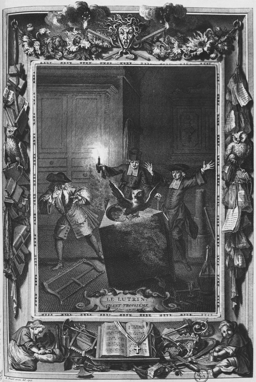 Illustration fra "Le Lutrin" af Nicolas Boileau, kendt som Boileau-Despreaux, 3. canto, udgivet i 1728 af Bernard Picart