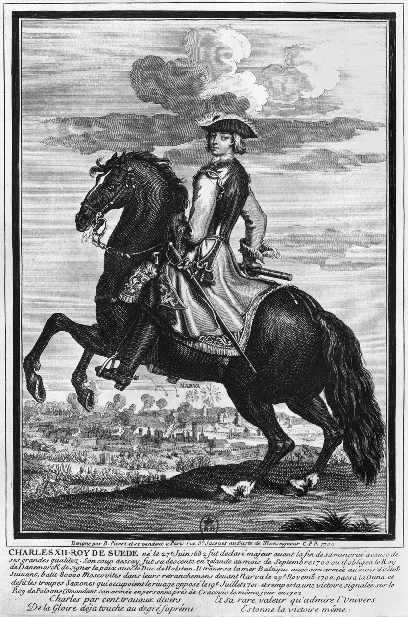 Kong Karl XII (1682-1718) af Sverige, til hest, 1702 af Bernard Picart
