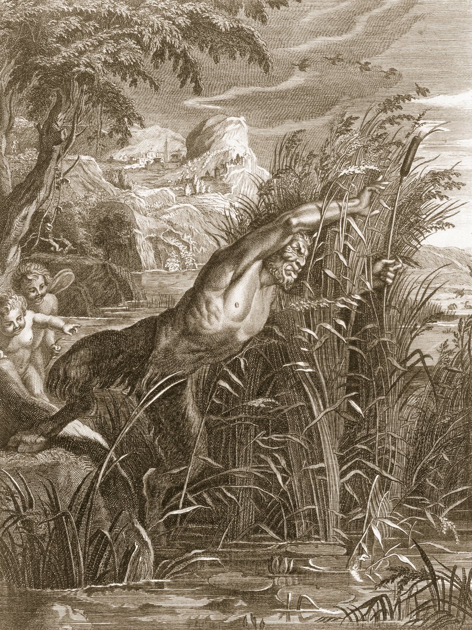 Pan forfølger Syrinx: Hun bliver forvandlet til et rør, 1731 af Bernard Picart