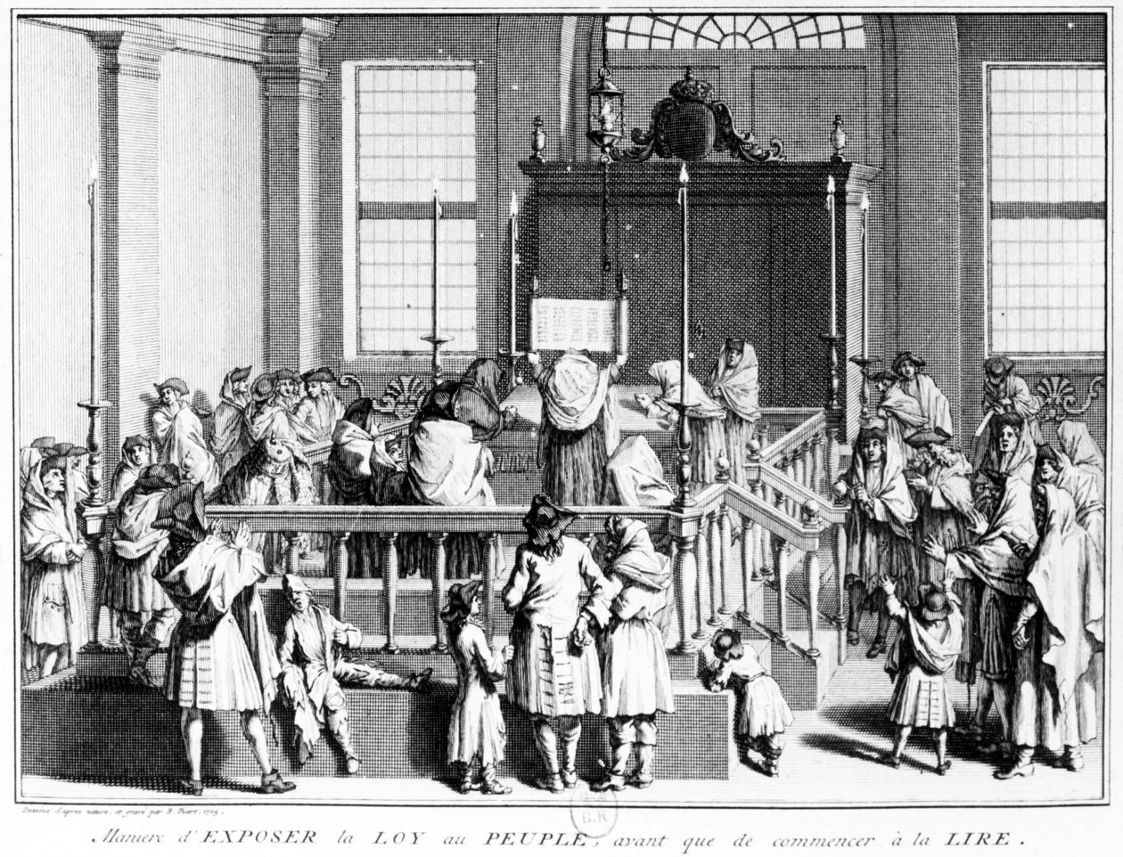 Viser loven til folket i synagogen før læsningen påbegyndes, 1725 af Bernard Picart