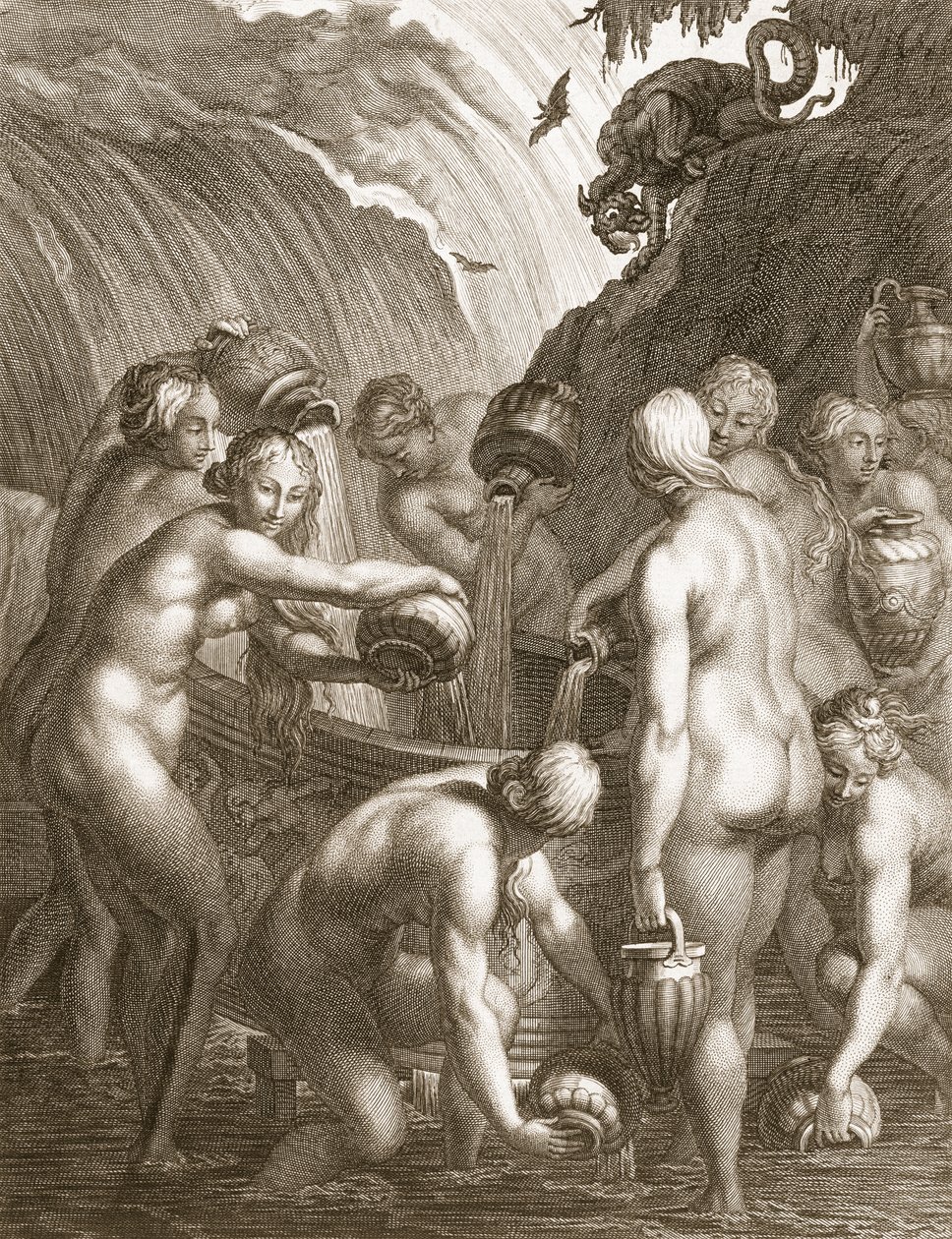 Danaiderne dømt til at fylde borede skibe med vand, 1730 af Bernard Picart
