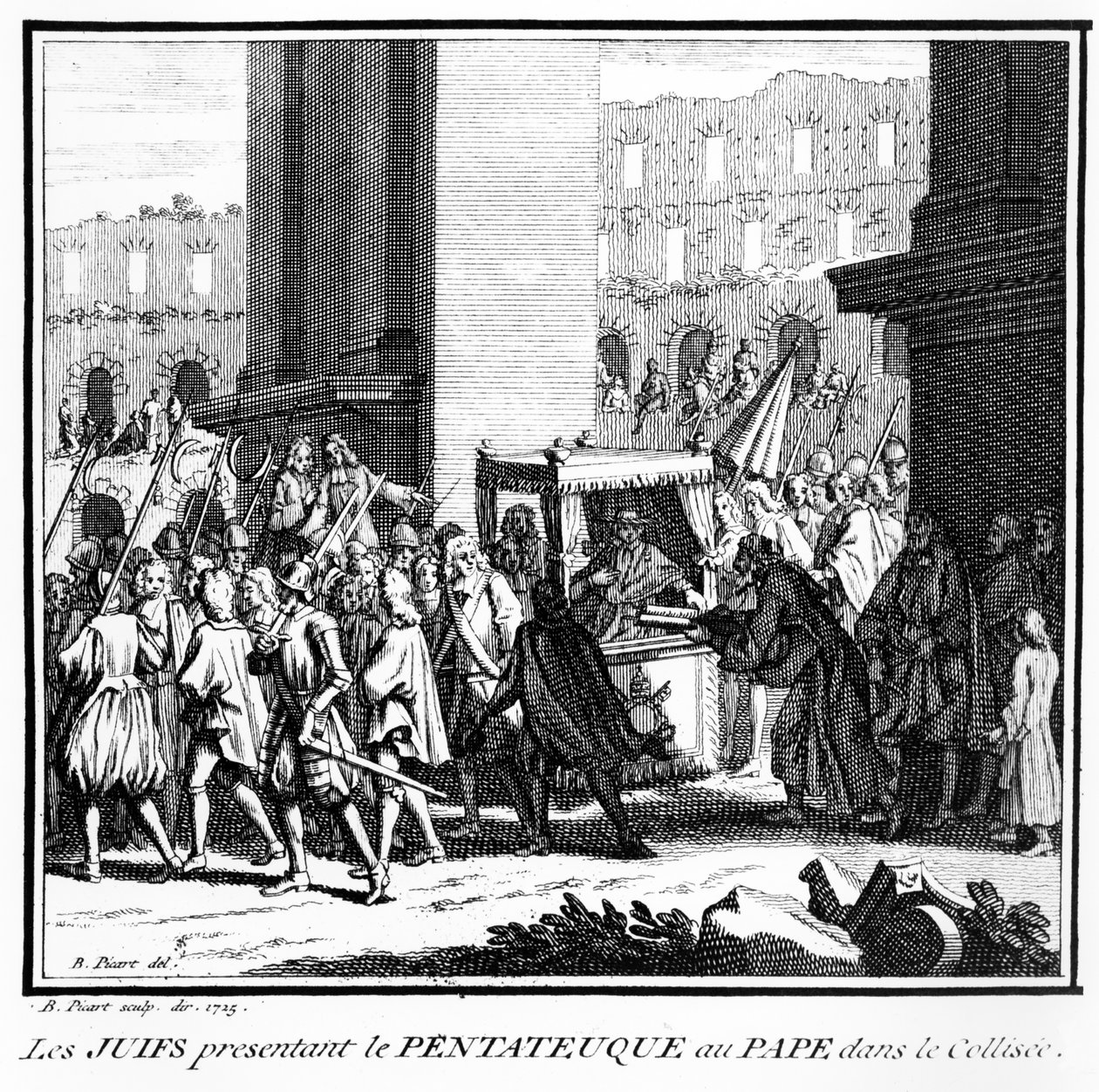 Jøderne i Rom præsenterer Mosebøgerne for paven i Colosseum, 1725 af Bernard Picart