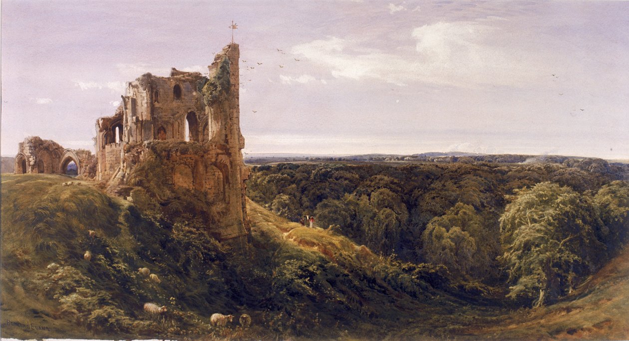 Ruineret slot i et landskab (Knaresborough Castle) (kropsfarve) af Bernard Walter Evans