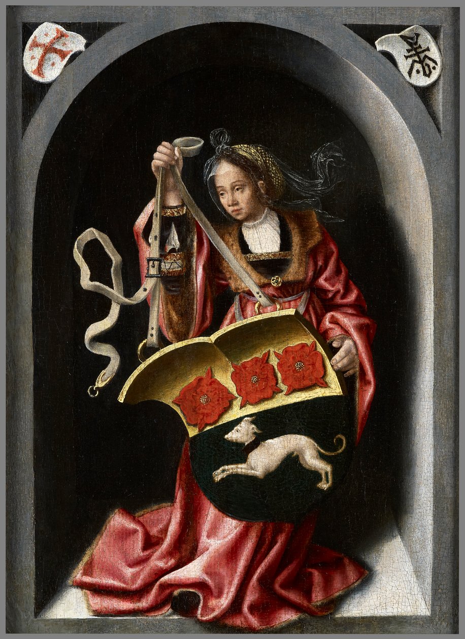 Dame, der holder et heraldisk skjold inden for en malet niche af Bernard van Orley