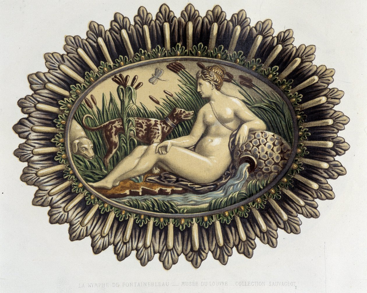 The Nymph of Fontainebleau - Keramisk fad, i "The work of Bernard Palissy" af C. Delange og C. Borneman, Paris af Bernard (after) Palissy