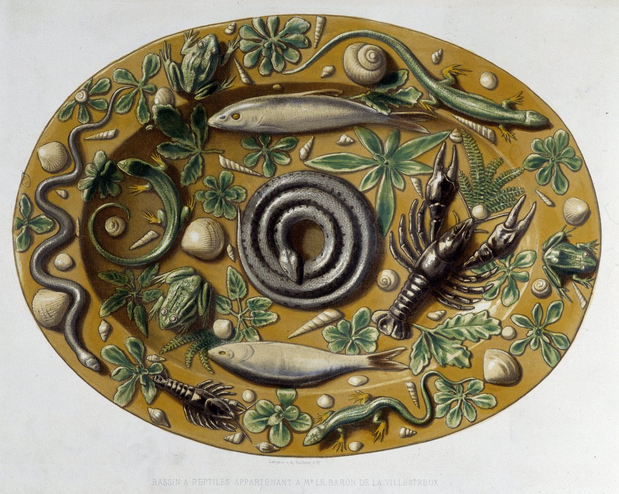 Passin à reptiles - Keramisk fad, i "" The work of Bernard Palissy"" af C. Delange og C. Borneman, Paris af Bernard (after) Palissy