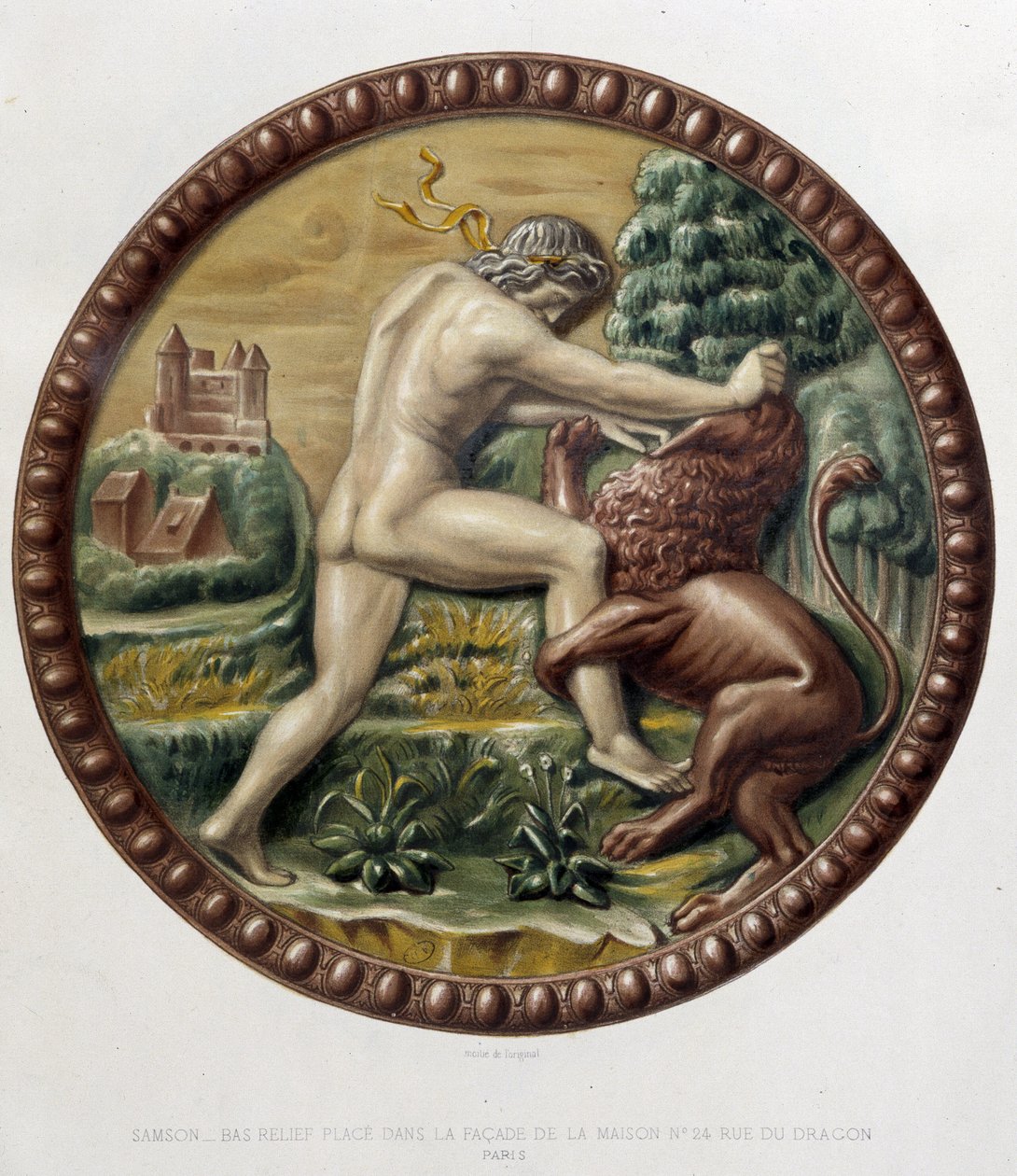 Samson kæmper mod løven - keramisk basrelief, i "The work of Bernard Palissy" af C. Delange og C. Borneman, Paris af Bernard (after) Palissy