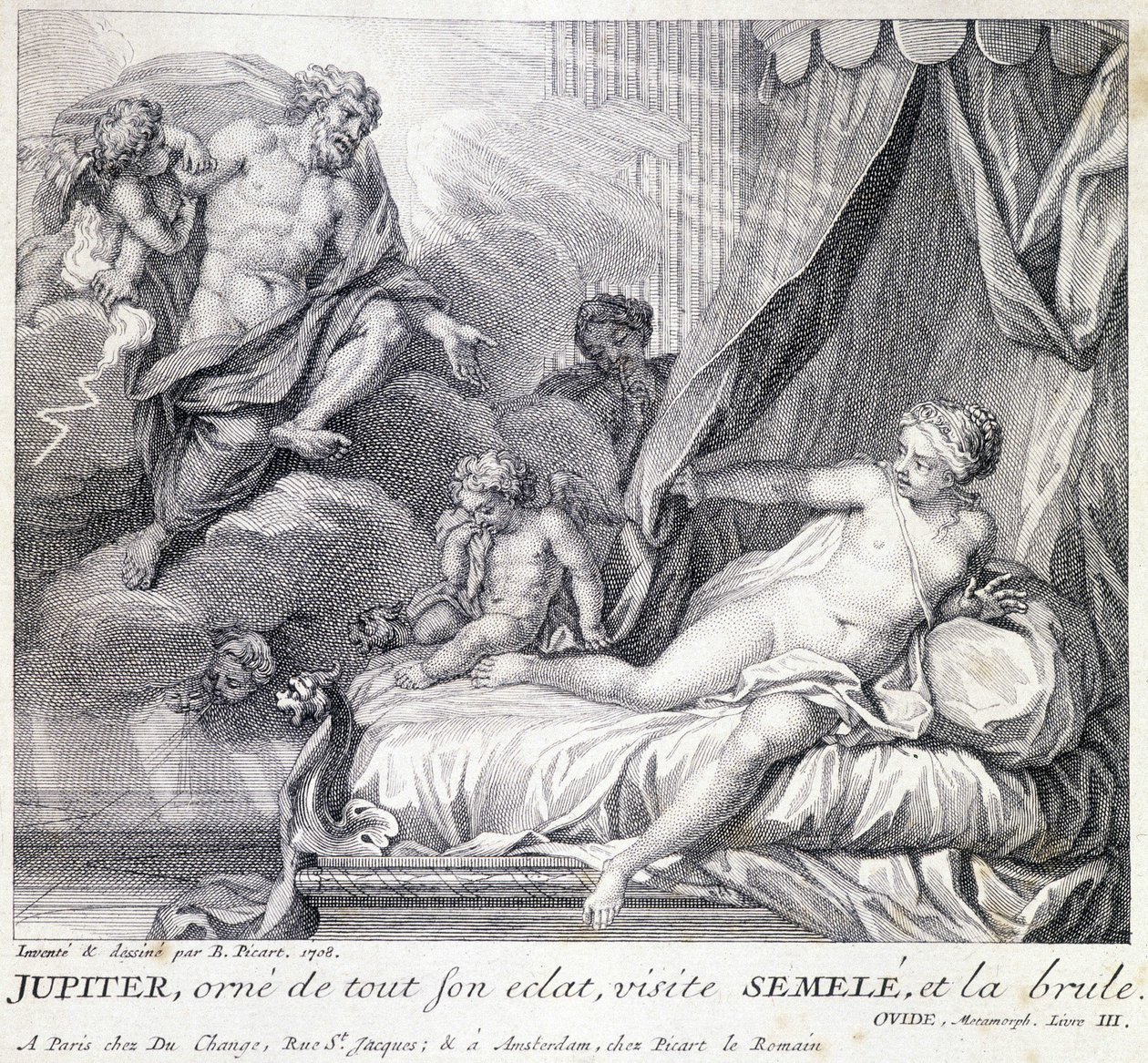 Jupiter (Zeus) brænder Semele med sit lyn. Indgravering af det 18. århundrede efter tegningen af B. Picart lavet i 1708. af Bernard (after) Picart