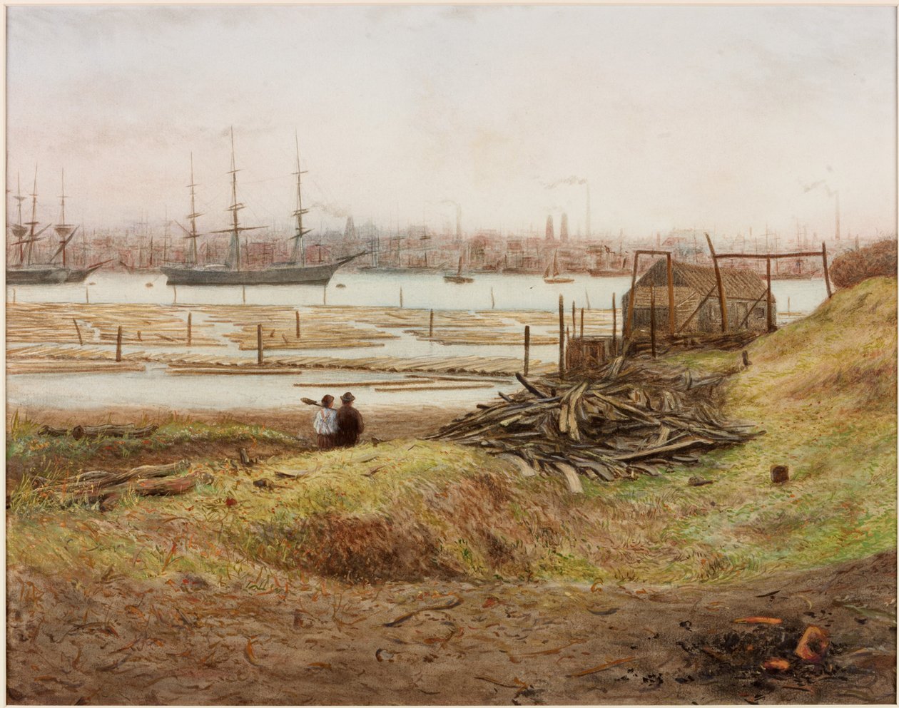 Forsendelse og bådebyggeri på Tyne (blyant og akvarel på papir (klæbet på papir)) af Bernard Benedict Hemy