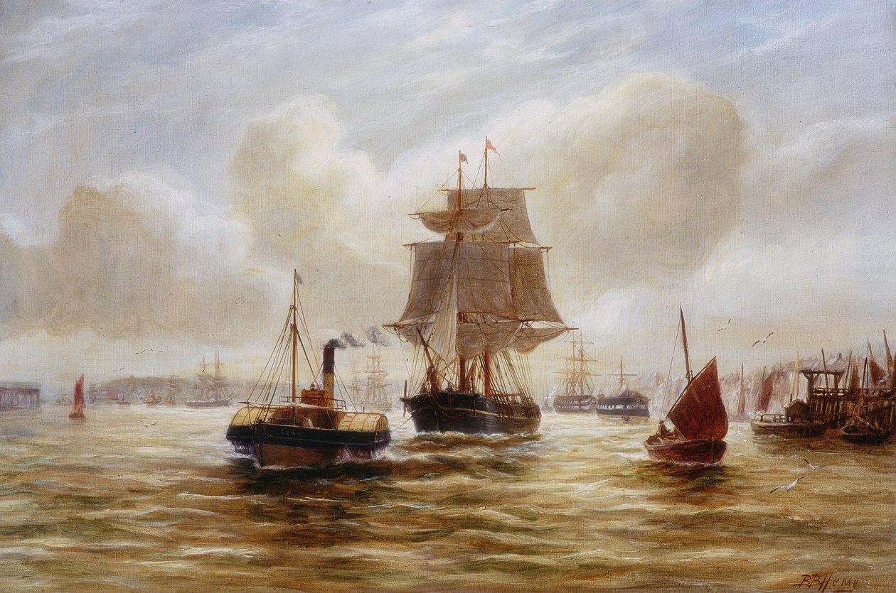 Dampslæbebåd slæber et skib ved mundingen af Tyne af Bernard Benedict Hemy