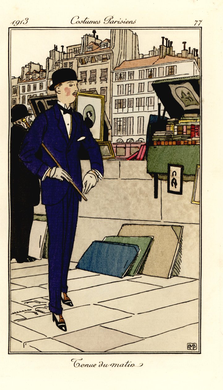 Mand i jakkesæt, bowlerhat og stok, der går forbi boghandlere på Seinen. Morgen outfit. Håndfarvet pochoir (stencil) radering efter en illustration af Bernard Boutet de Monvel fra Tommaso Antonginis Journal des Dames et des Modes, Aux Bureaux du Journa af Bernard Boutet de Monvel