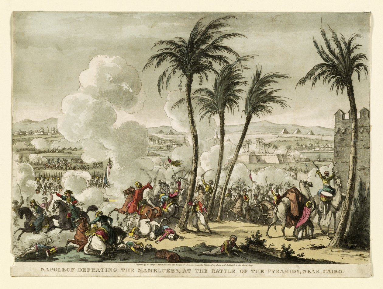 Napoleon besejrer mamelukkerne i slaget ved pyramiderne, nær Cairo, indgraveret af George Cruikshank (1769-1823), pub. 1823 (håndkoloreret gravering) af Bernard Edouard Swebach