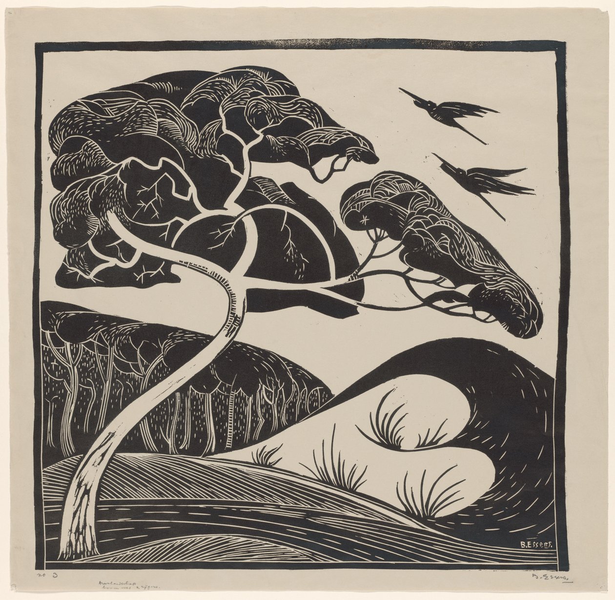 Klitlandskab (titel på objekt) Træ med 2 hejrer (titel på objekt) af Bernard Essers (signed by artist)