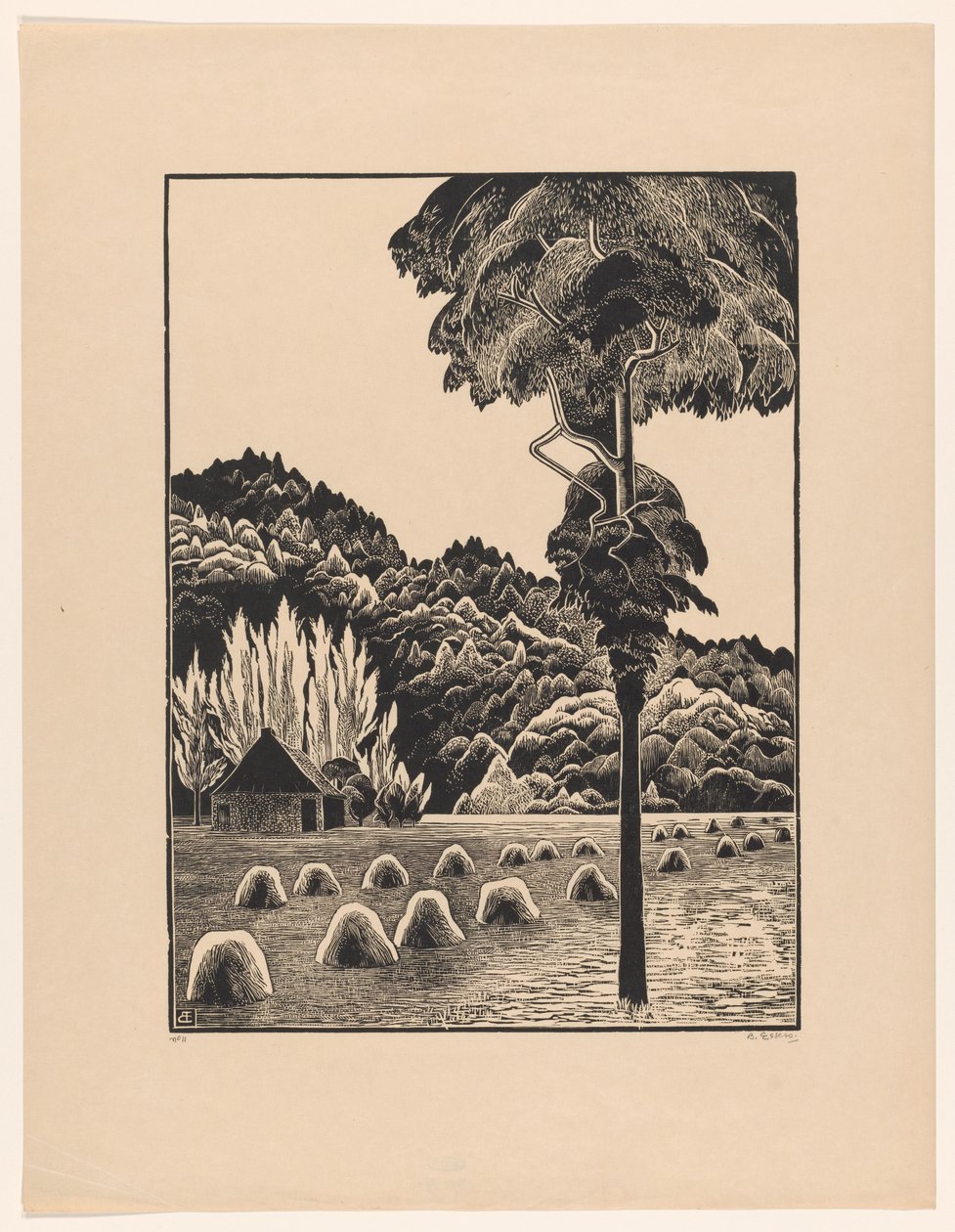 Klitlandskab med høstakke af Bernard Essers (signed by artist)
