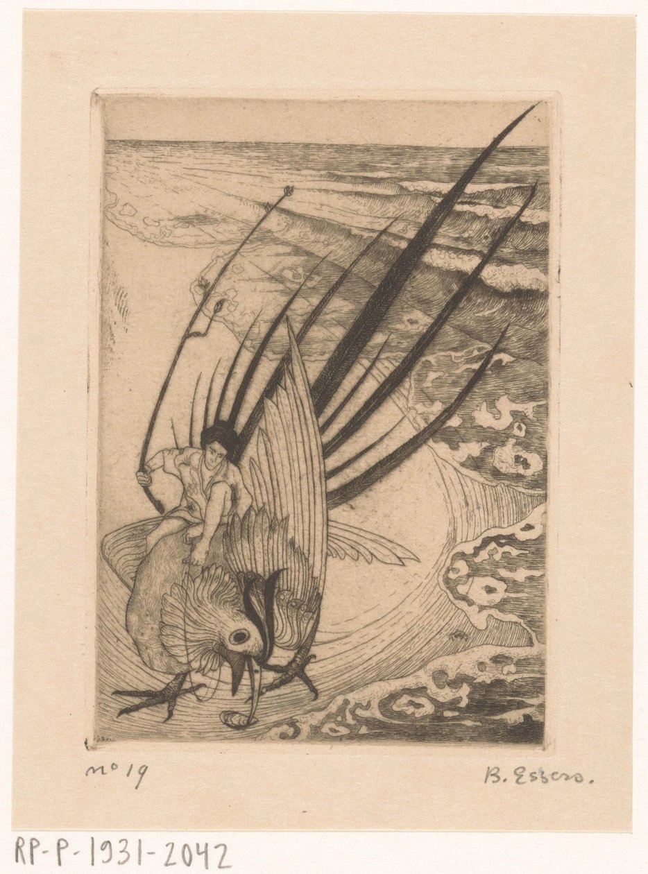 Figur, der sidder på en fasan på stranden af Bernard Essers (signed by artist)