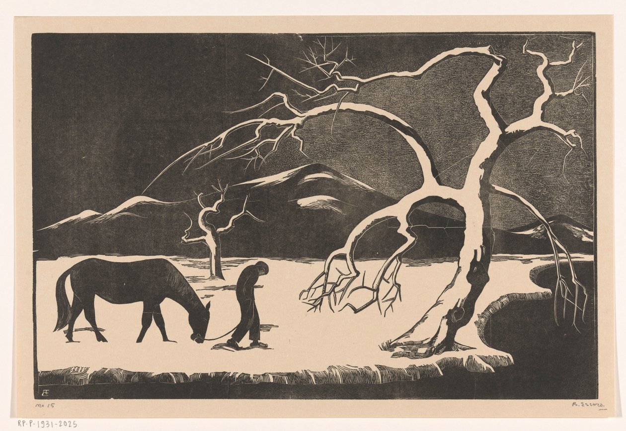 Mand med hest i sneen af Bernard Essers (signed by artist)