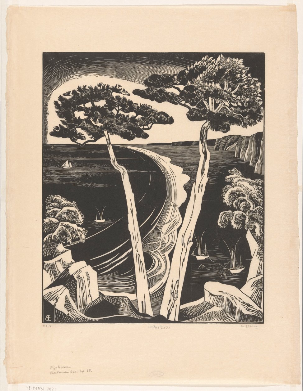 Fyrretræer (Breton Bay ved lavvande) (original titel på objektet) af Bernard Essers (signed by artist)