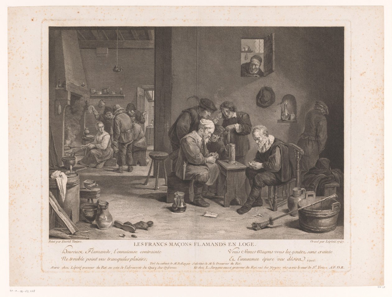 Krointeriør med kortspilsfigurer Les Francs Maçons Flamands en Loge (titel på objekt) af Bernard François Lépicié
