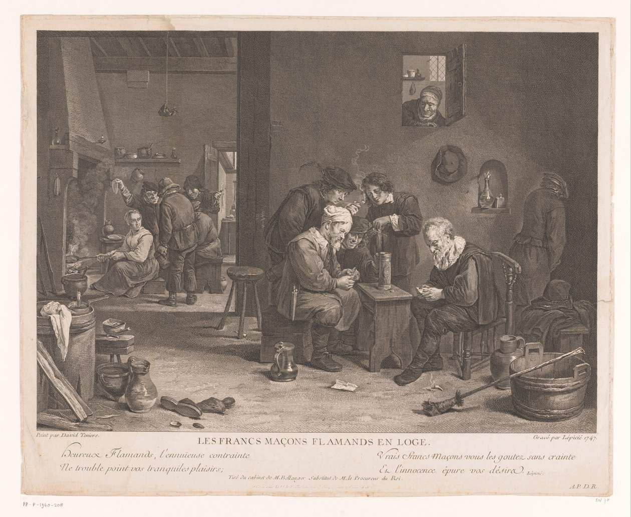 Krointeriør med kortspilsfigurer Les Francs Maçons Flamands en Loge (titel på objekt) af Bernard François Lépicié
