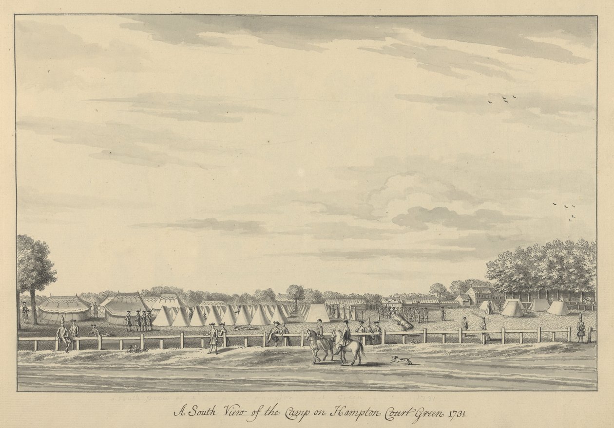 En sydlig udsigt over lejren på Hampton Court Green 1731, 1731-33 (pen & sort blæk og vask på lagt papir) af Bernard III Lens