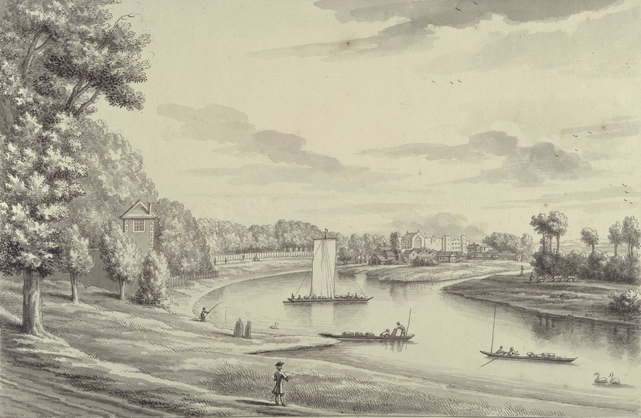 En vestlig udsigt over Hampton Court Ferry og Hampton Church at a Distance, 1731-33 (pen & sort blæk og vask på lagt papir) af Bernard III Lens