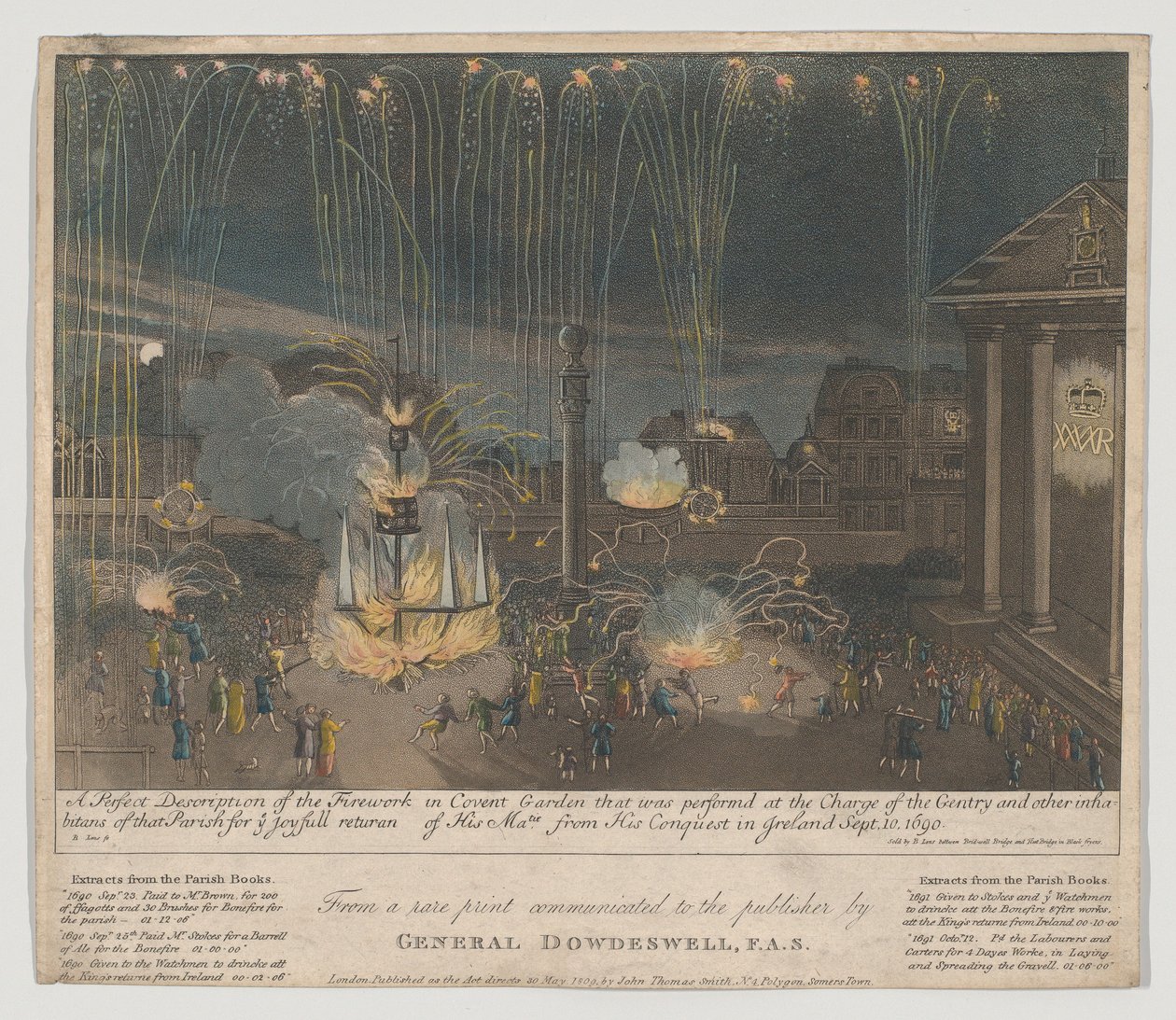 Fyrværkeri i Covent Garden, 1809 (ætsning og akvatint, håndfarvet) af Bernard II Lens