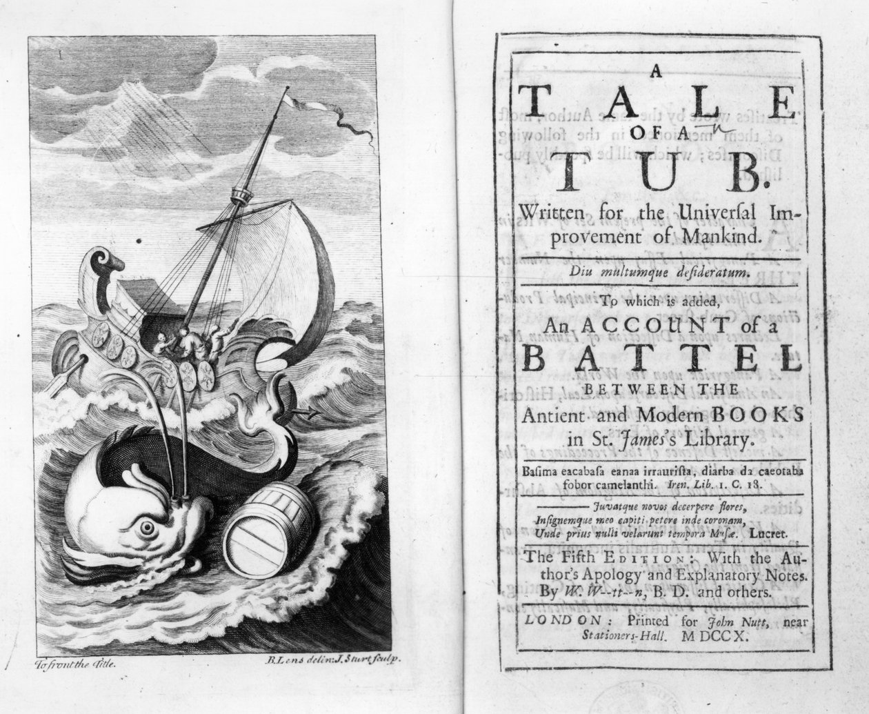 Frontispice og titelblad til A Tale of a Tub af Jonathan Swift, indgraveret af John Sturt, 1704 af Bernard II Lens