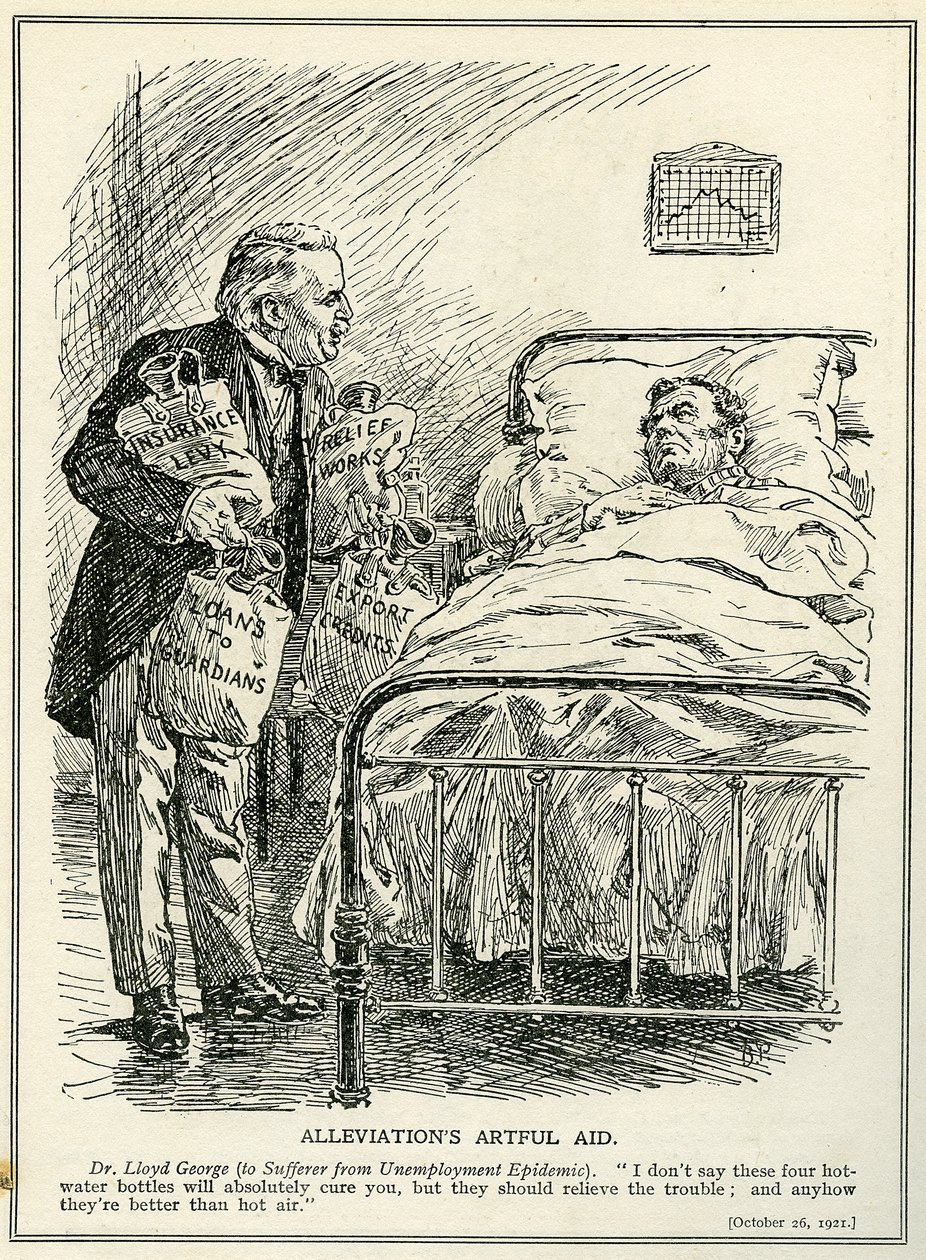 Dr. Lloyd George foreslår at helbrede den ramte af arbejdsløshedsepidemien med fire varmeflasker, 