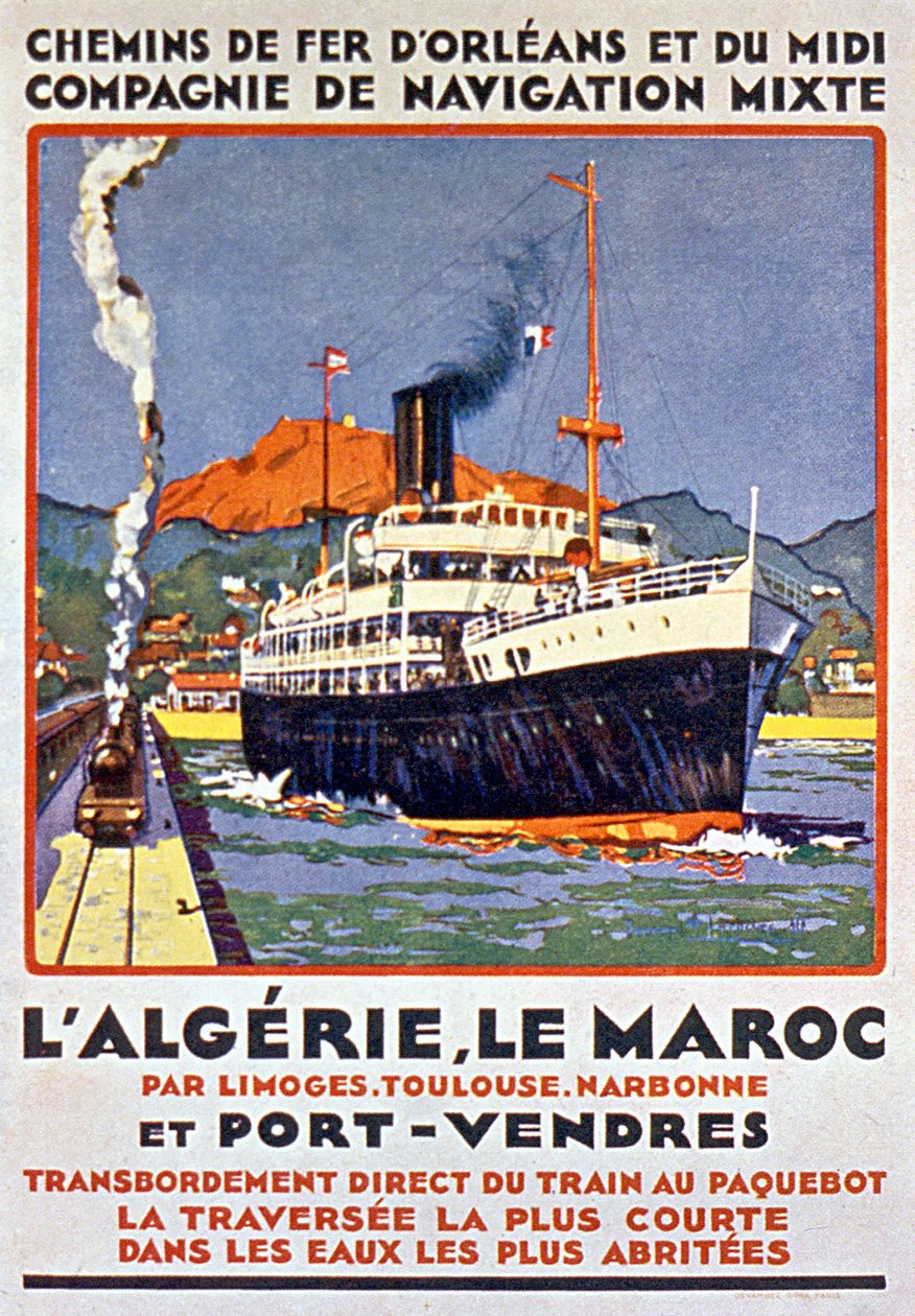 Reklameplakat for fransk jernbane til Algeriet og Marokko fra Frankrig via Limoges Toulouse Narbonne og Port Vendres ca. 1900 af Bernard Lachevre