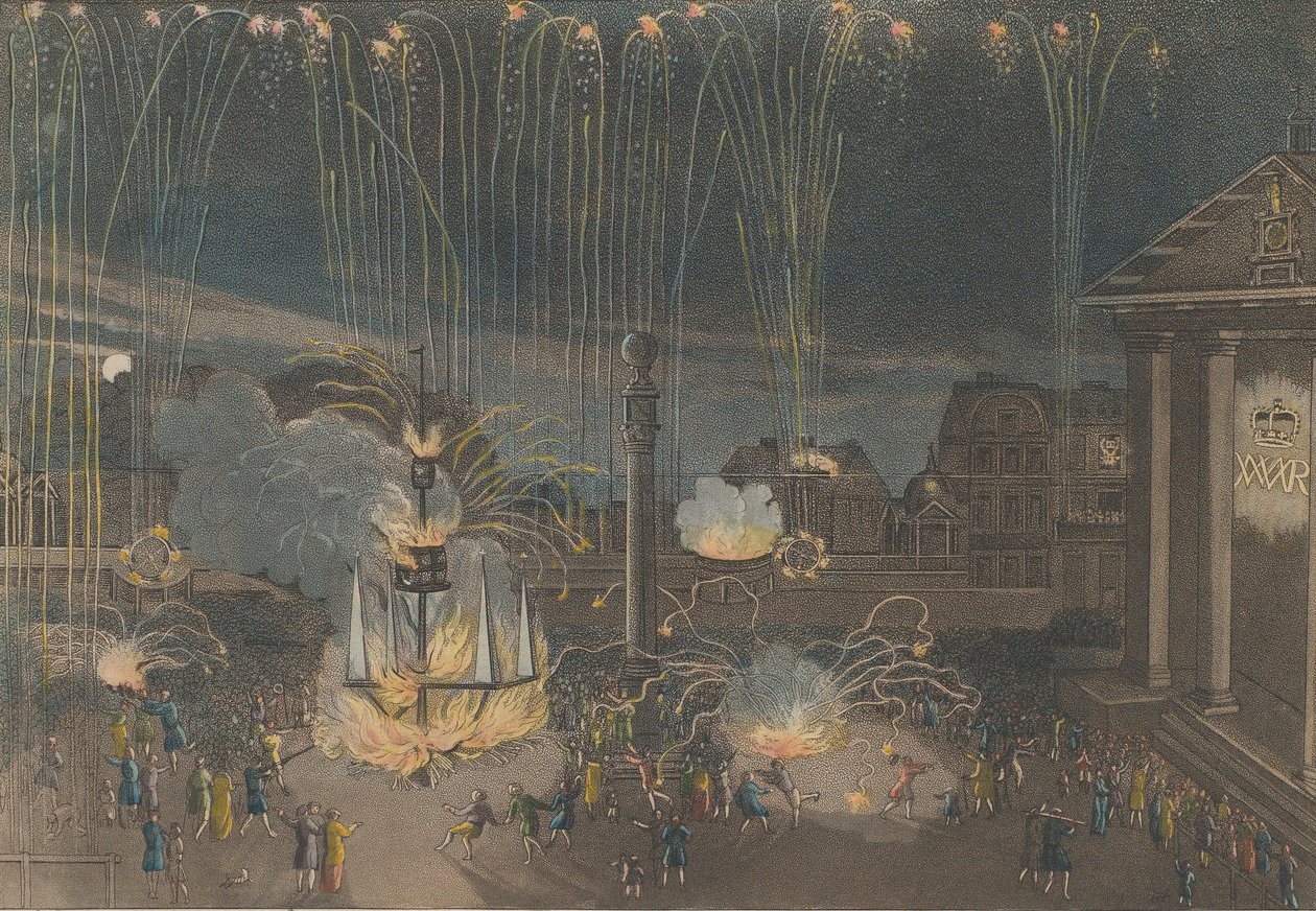 En perfekt beskrivelse af fyrværkeriet i Covent Garden, der blev opført på bekostning af..., 1809. af Bernard Lens