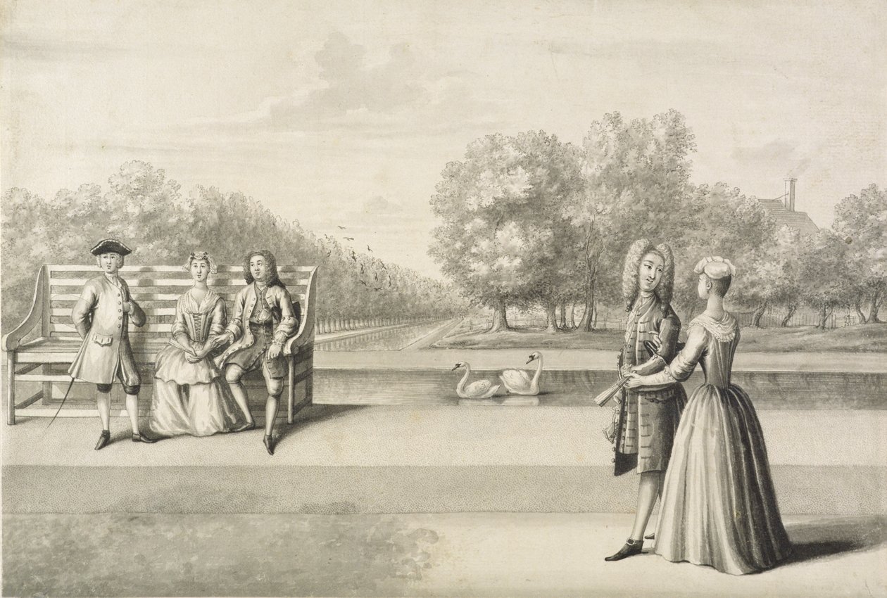 Figurer på bredden af Long Water, Hampton Court Palace (grå vask med pen og blæk over blyant på papir) af Bernard Lens