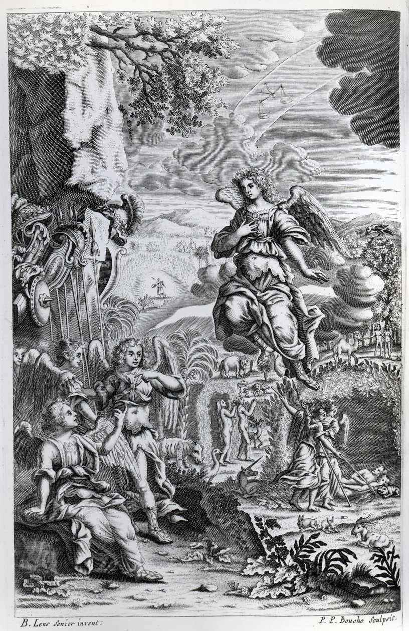 Ærkeenglen Uriel fortæller Gabriel, at Satan befinder sig i Edens Have, illustration fra "Paradise Lost" af John Milton, graveret af P.P Bouche, sjette udgave, 1695 af Bernard Lens