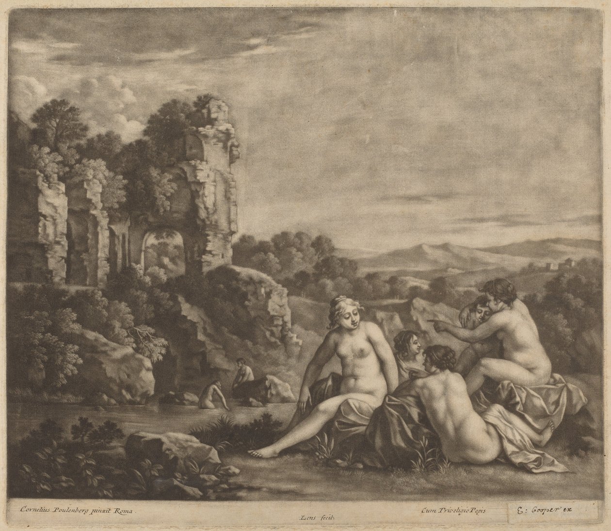 Badende i et Landskab af Bernard Lens, after Cornelis van Poelenburch