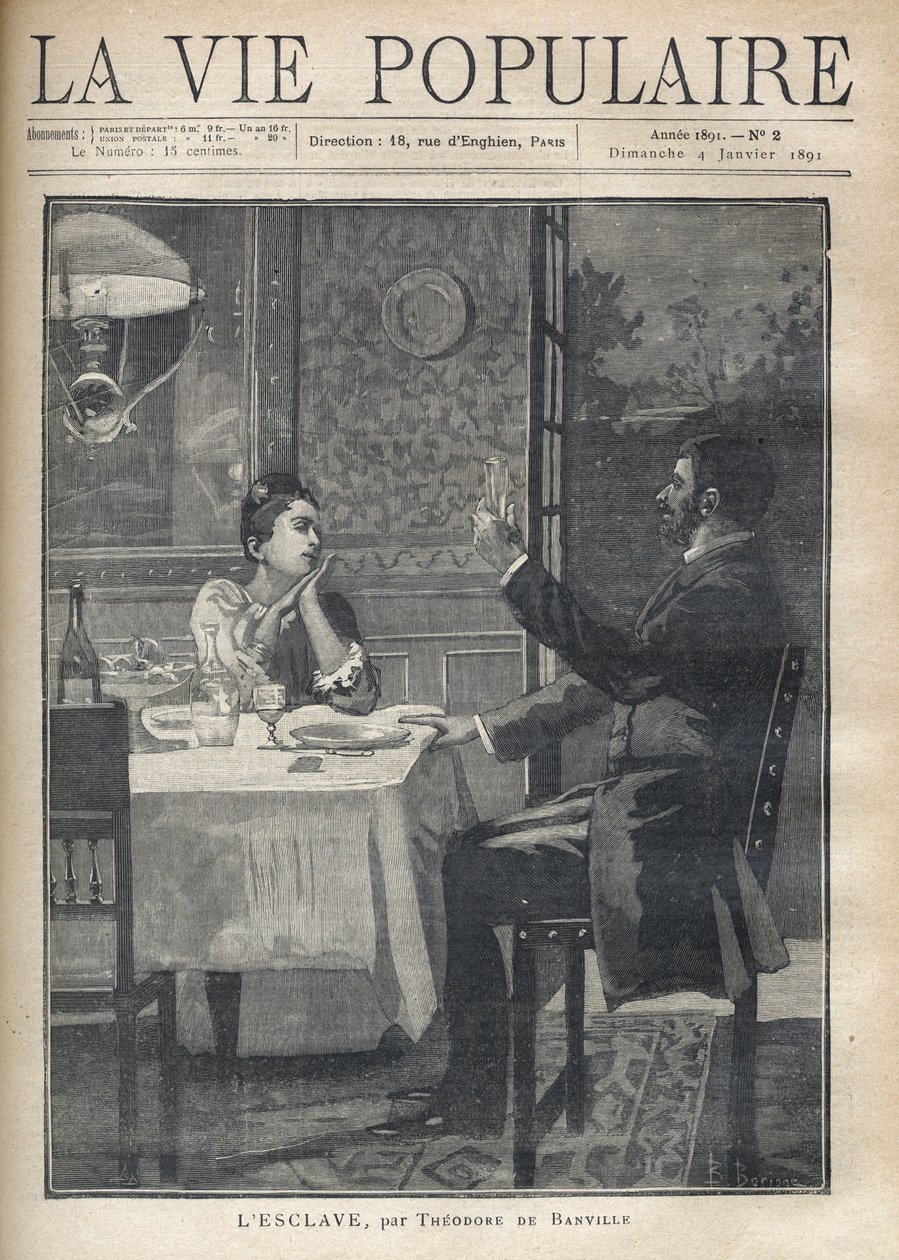 En kvinde lytter kærligt og med beundring til talen fra manden, der sidder foran hende ved en middag som par. Illustrationen af B. Borione af "Slaven" af Theodore de Banville (1823-1891). Stik fra 1891 i "La vie populaire". menig oberst af Bernard Louis Borione