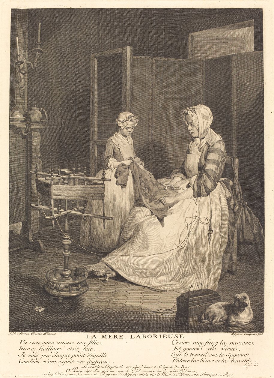 Den flittige mor af Bernard Lépicié after Jean Siméon Chardin