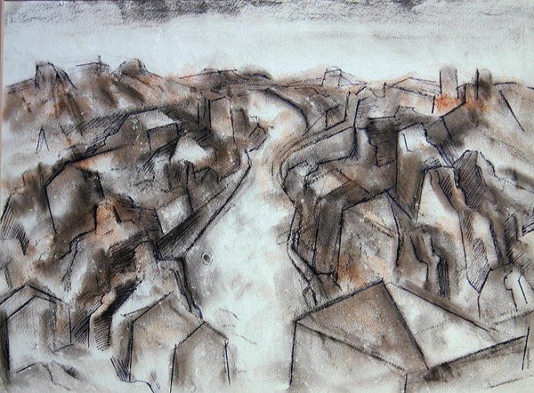 A Quiet Street (farvet kridtvask med blåt blæk) af Bernard Meninsky
