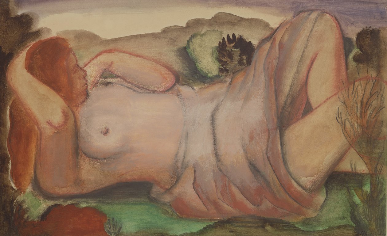 Liggende nøgen i et landskab, ca. 1940 (gouache, akvarel og blyant) af Bernard Meninsky