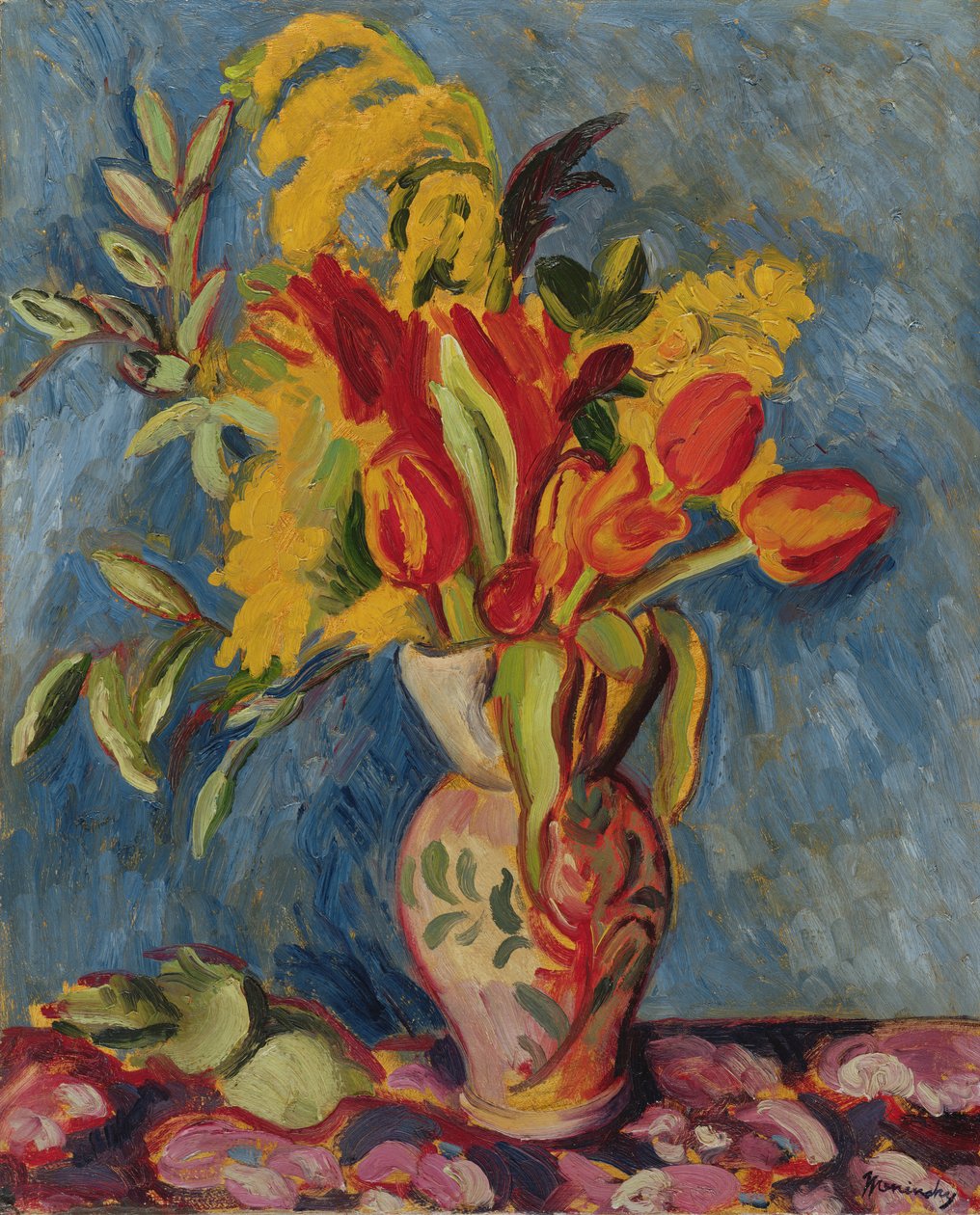 Stilleben med blomster i en kande, ca. 1920 (olie på lærred) af Bernard Meninsky