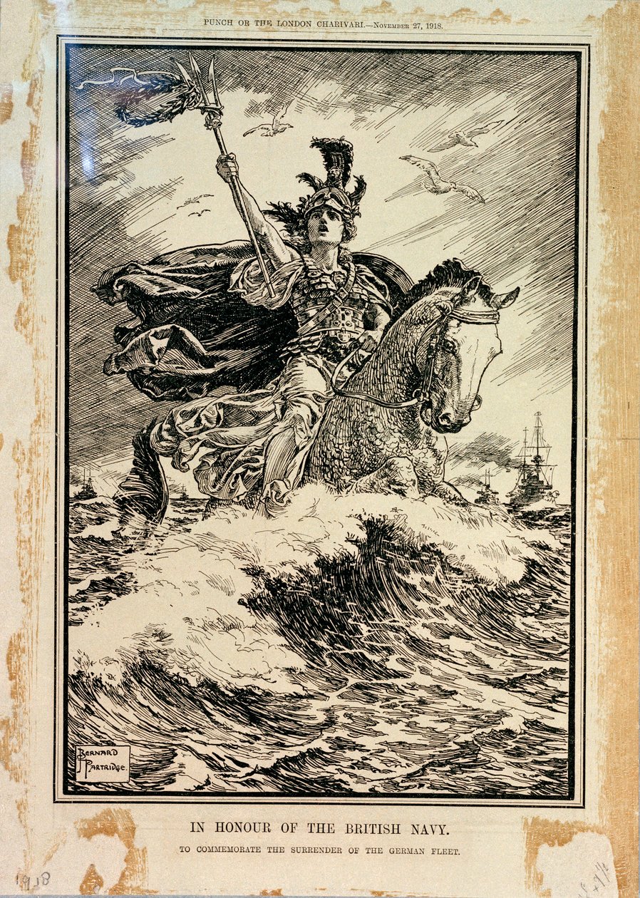 Til ære for den britiske flåde. Til minde om den tyske flådes overgivelse. Forsiden af Punch, 27. november 1918 af Bernard Partridge