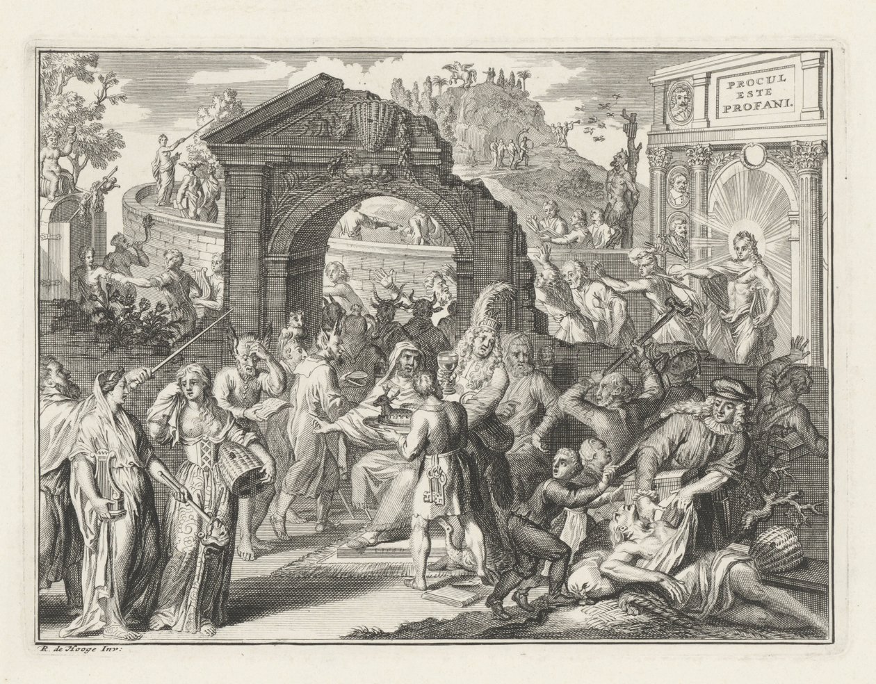 Tegneserie om Schouwburg-kontroversen, ca. 1685 af Bernard Picart (attributed to)