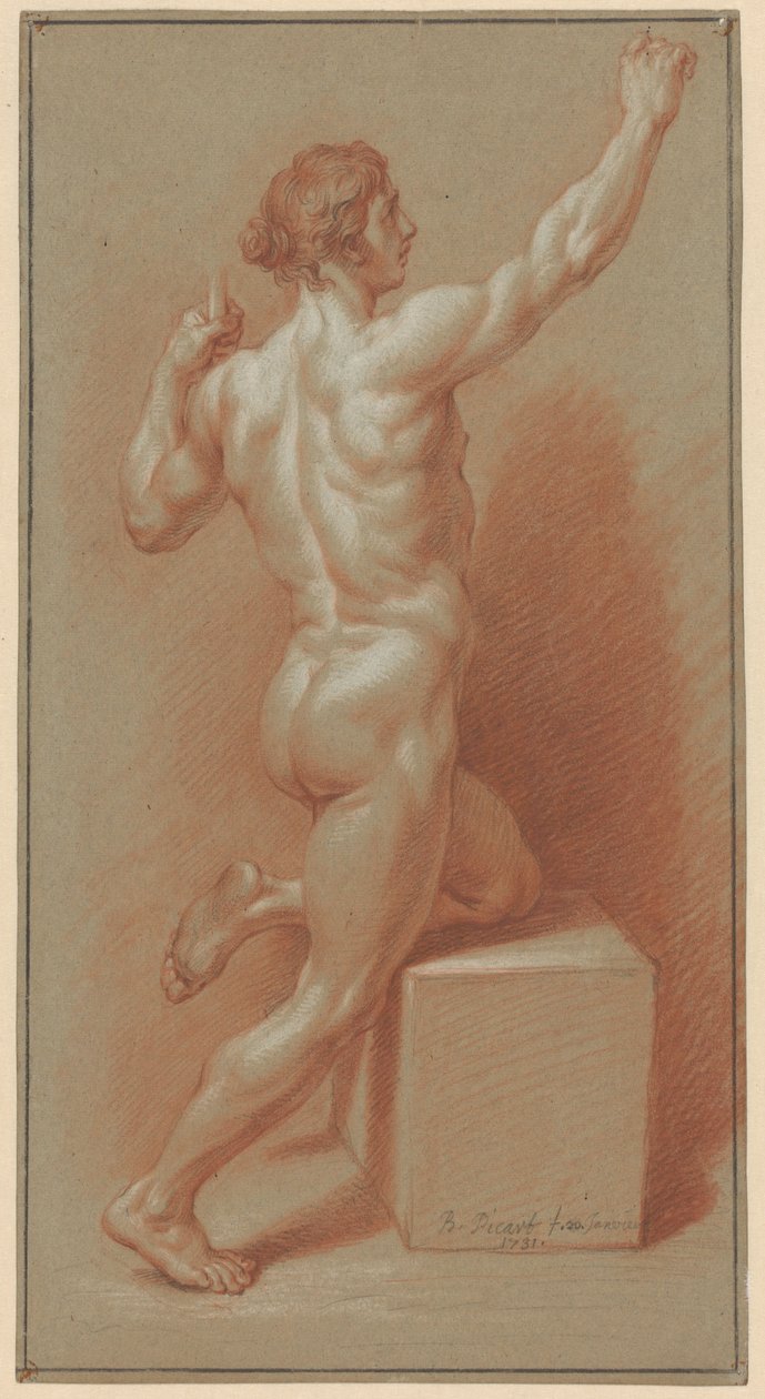 Nøgen mand læner sig på venstre knæ af Bernard Picart (signed by artist)