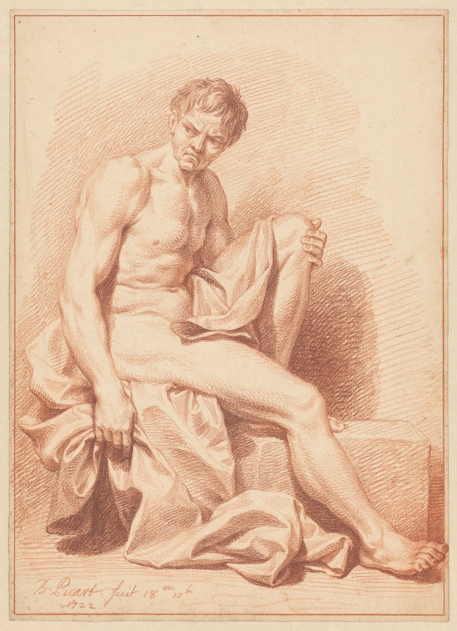 Siddende nøgen mand med draperi af Bernard Picart (signed by artist)